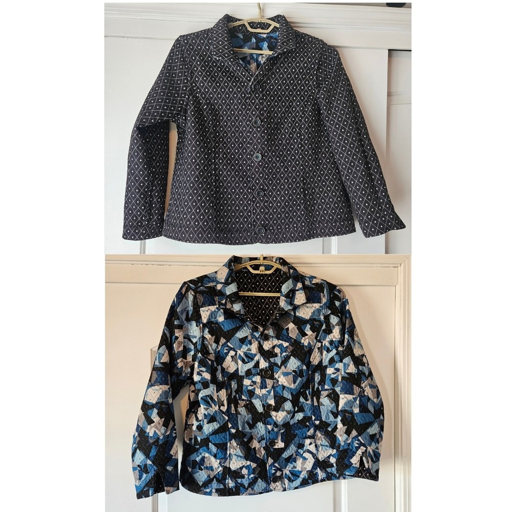 Reversible Quilted Jacket Women Large Blue Black Geometric Pattern Spring Blazer